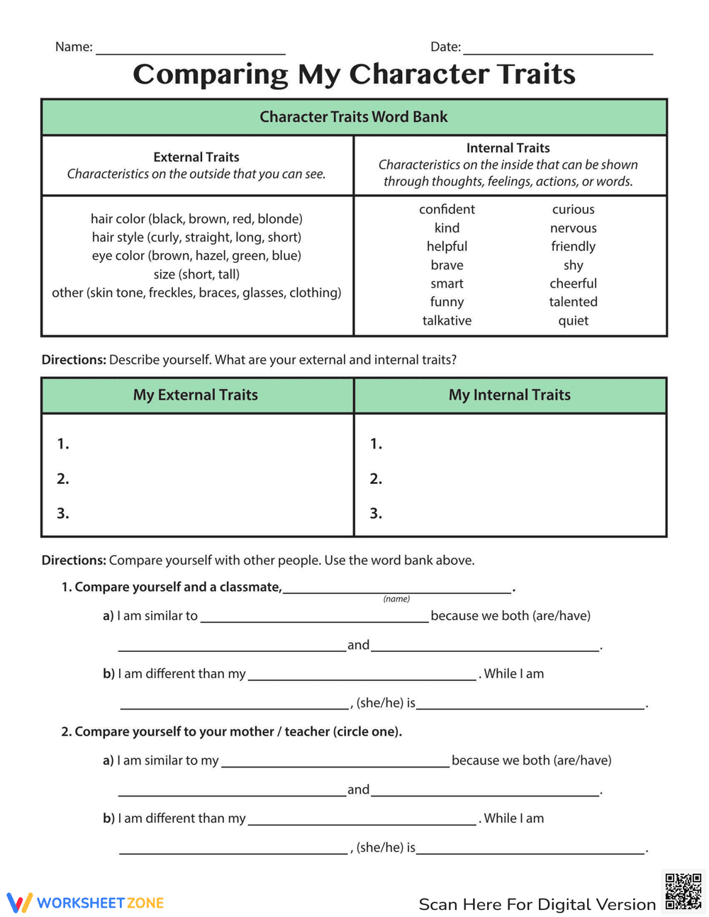 Comparing My Character Traits: Self-Reflection Worksheet - Page 1
