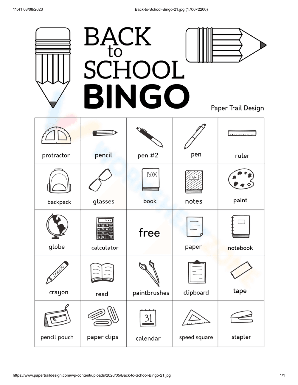 Back to School Bingo Card 21 - Page 1