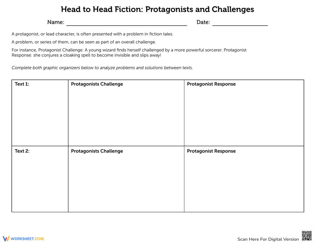 Fiction Protagonists: Challenges Worksheet - Page 1
