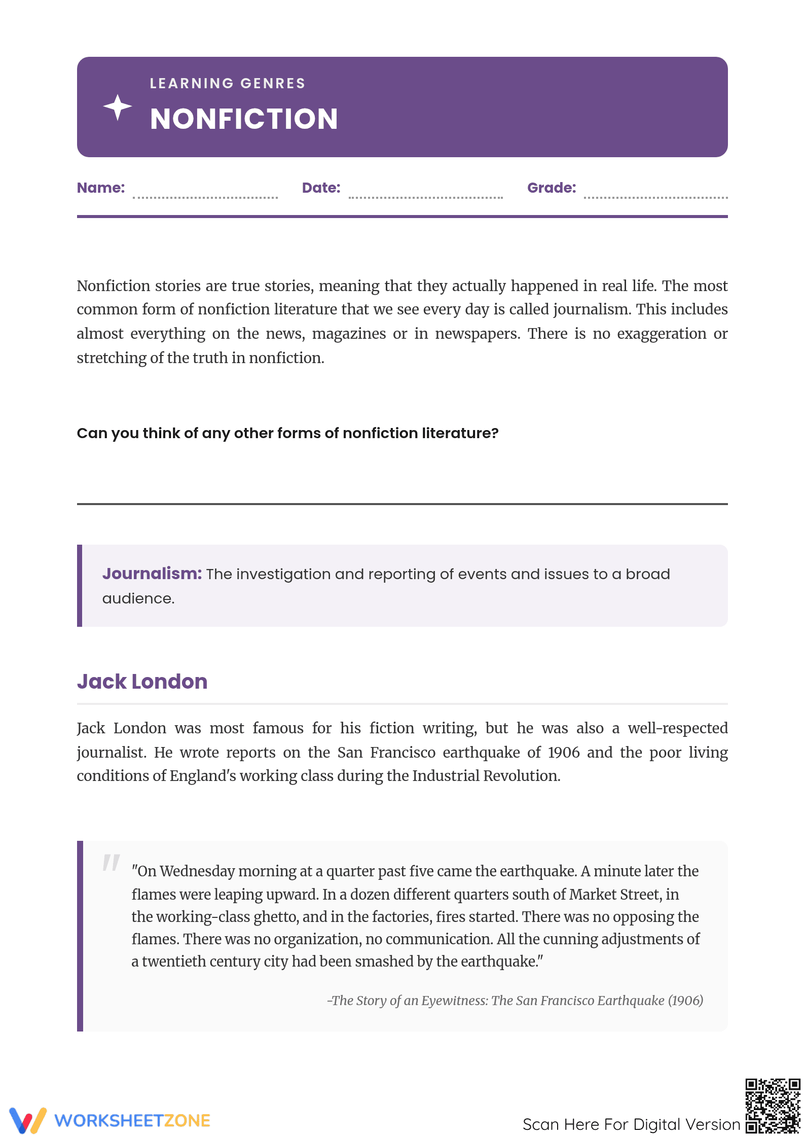 Nonfiction Elements Worksheet | Grade 4 ELA Printable - Page 1