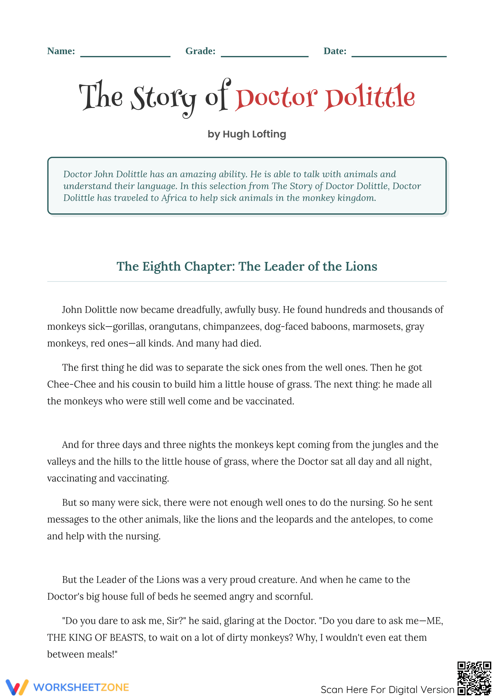Dr. Dolittle Reading Comprehension | Grade 4 Printable - Page 1