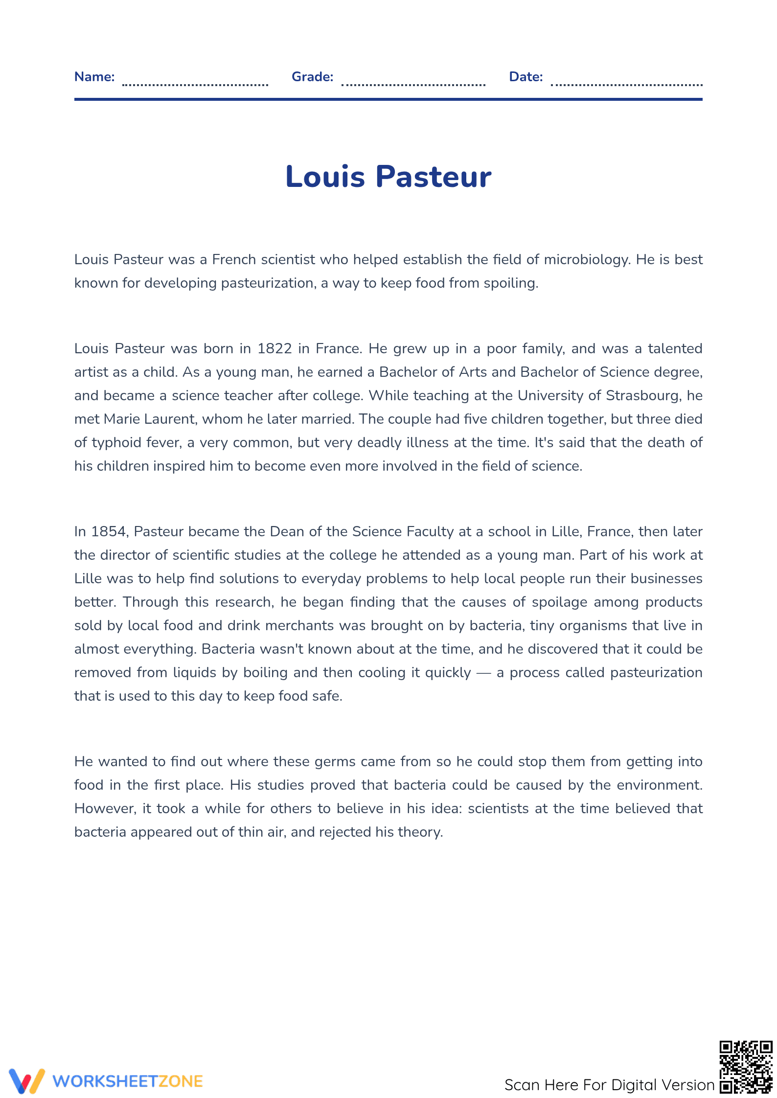 Louis Pasteur Reading & Experiment | Grade 5 Printable - Page 1