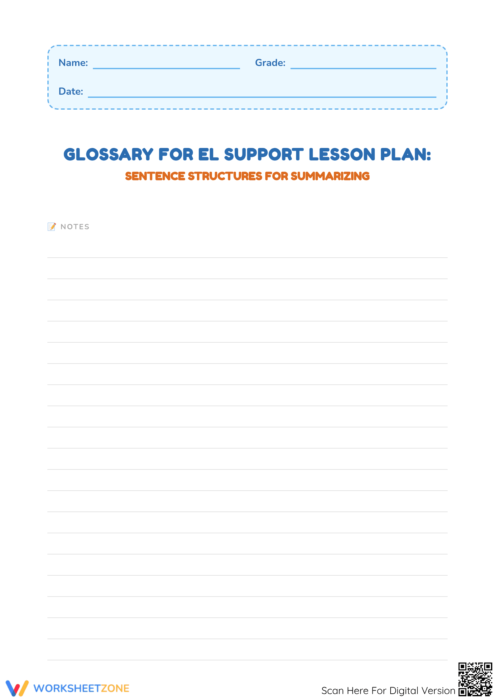 Summarizing Glossary Worksheet | Grade 1 Printable - Page 1