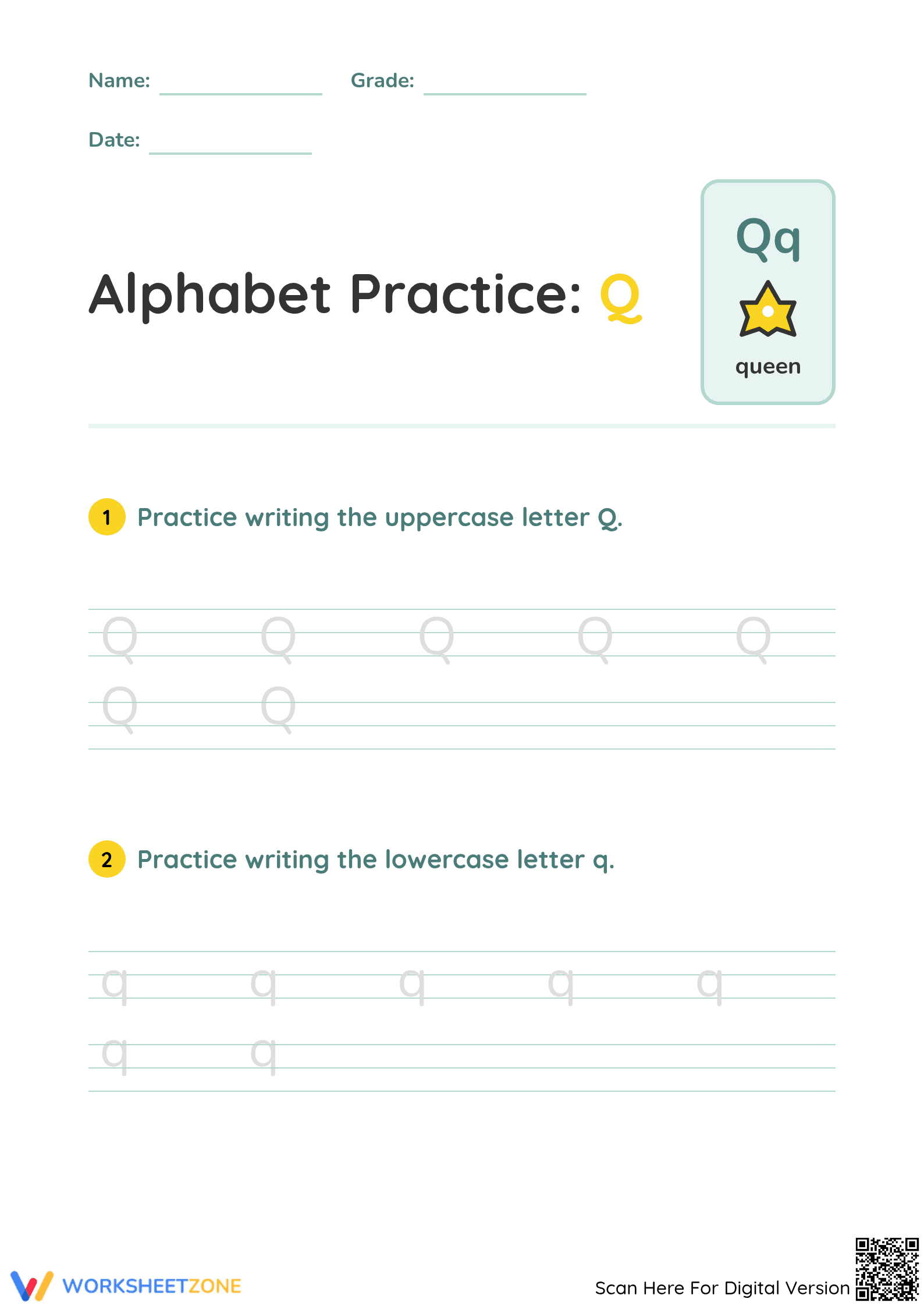 Letter Q Writing Practice | Grade K-1 Printable Worksheet - Page 1