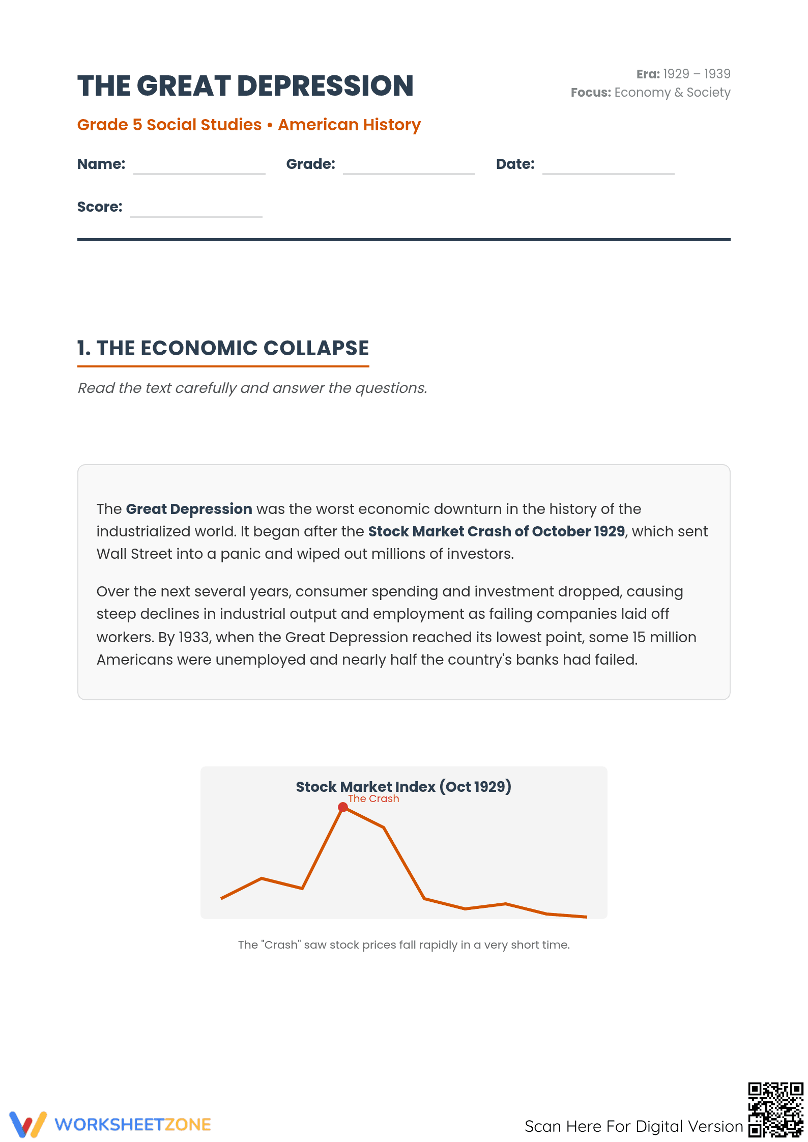 The Great Depression: Essential Grade 5 Printable Worksheet - Page 1