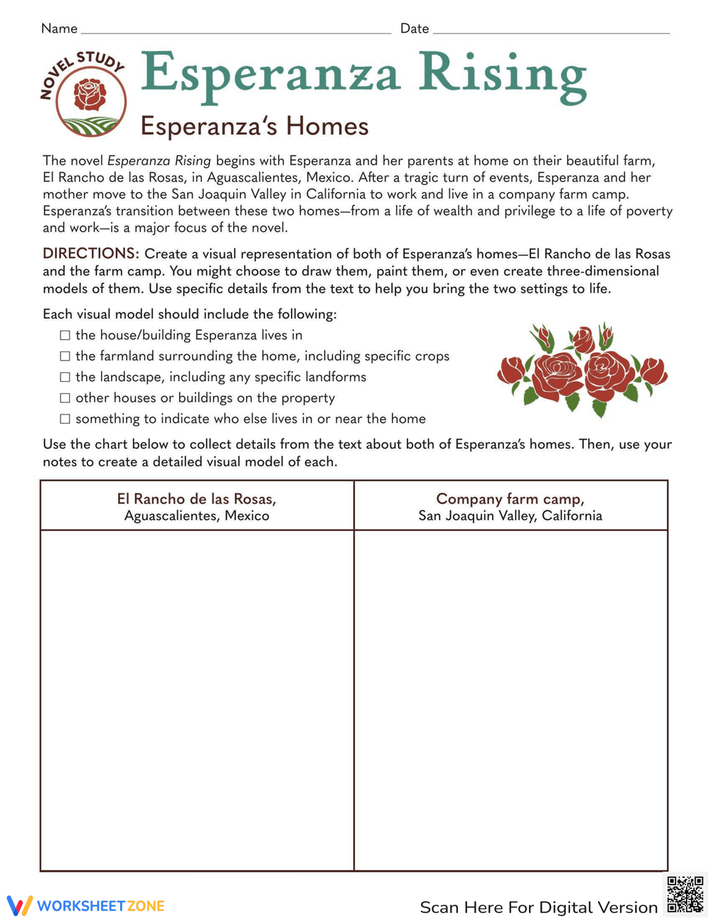 Esperanza Rising: Novel Study Worksheet - Page 1