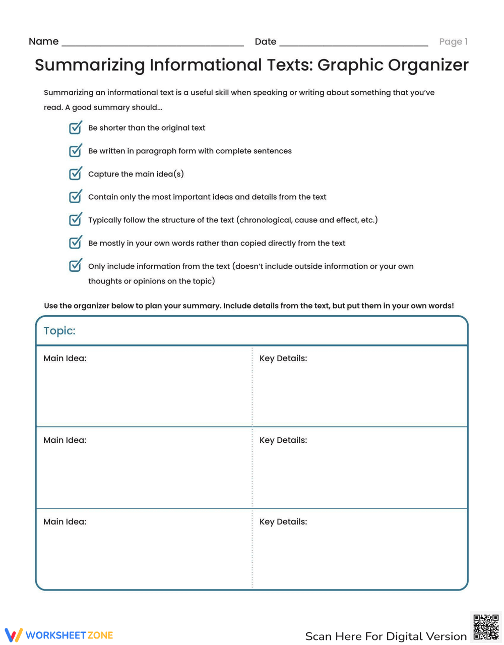 Summarizing Informational Texts: Graphic Organizer - Page 1