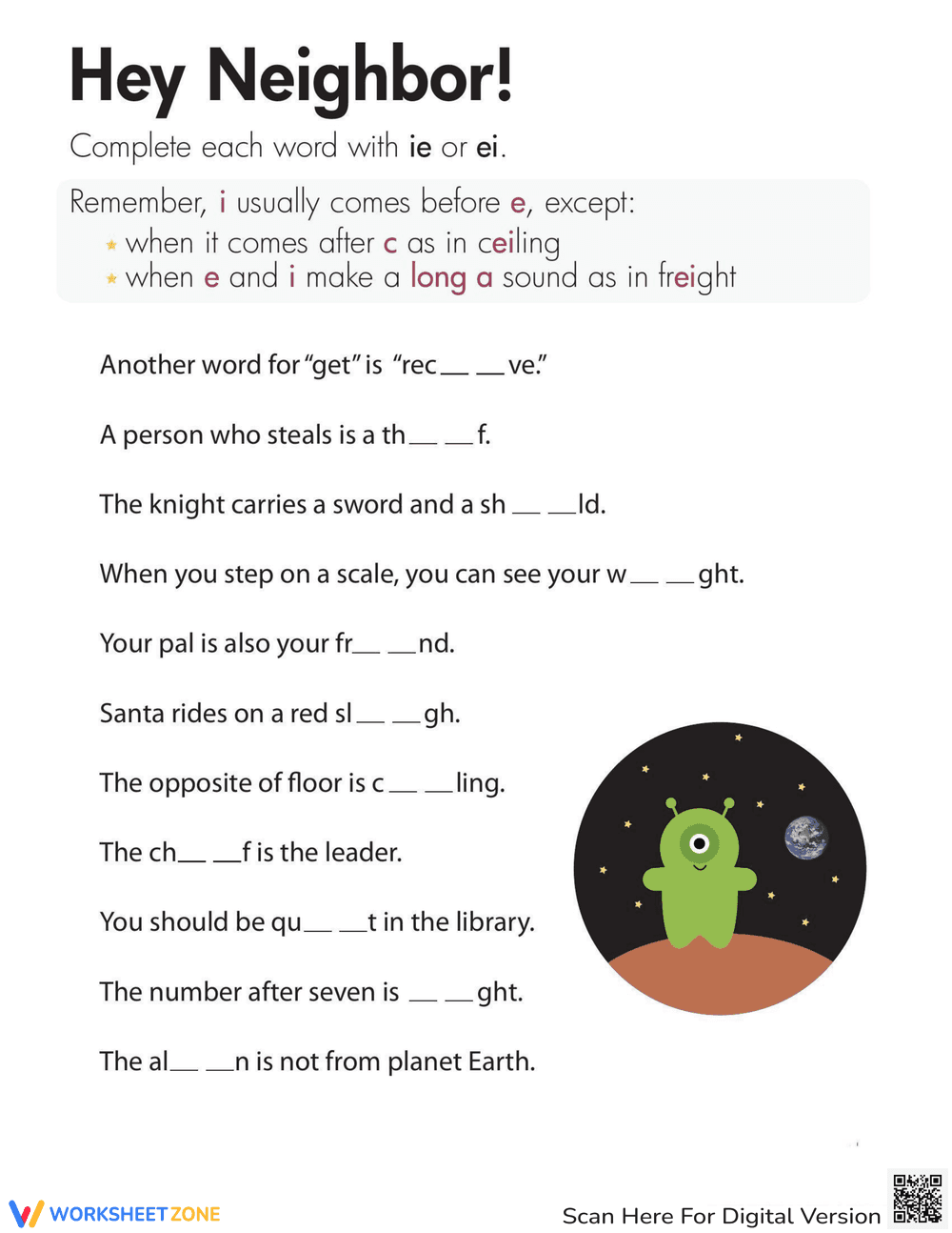 'I Before E' Rule Worksheet for Third Grade - Page 1