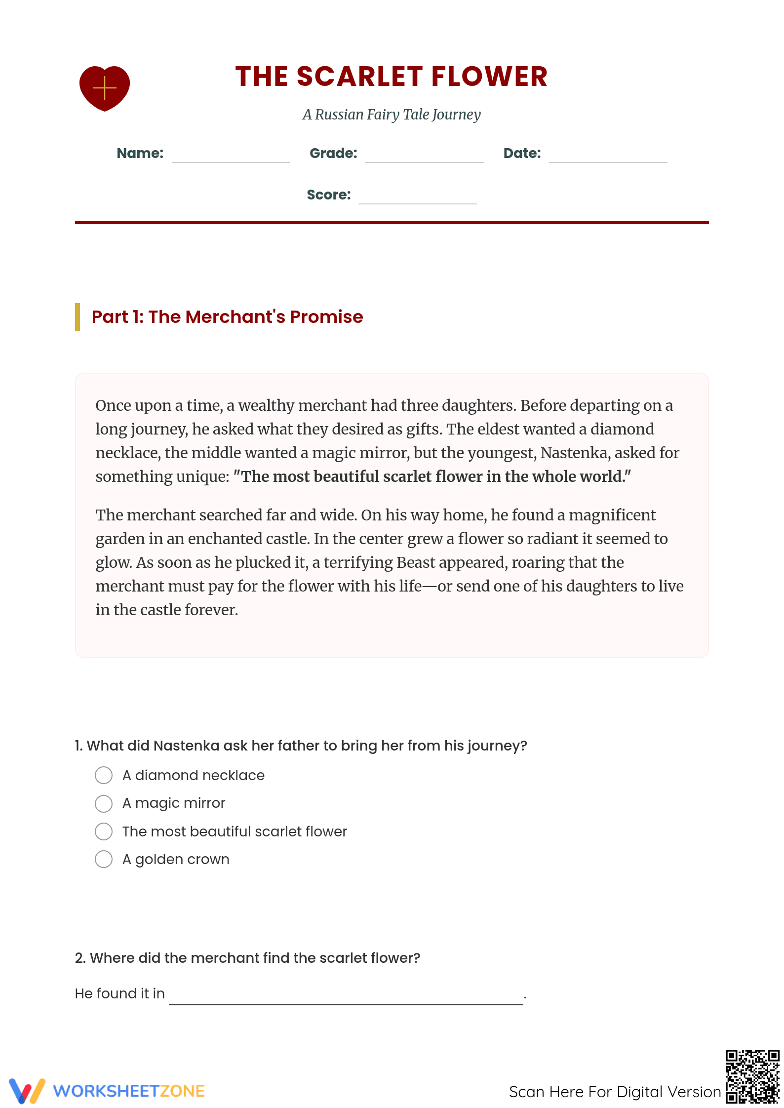 Essential RL.4.9 Worksheet: The Scarlet Flower — Grade 4-6 - Page 1