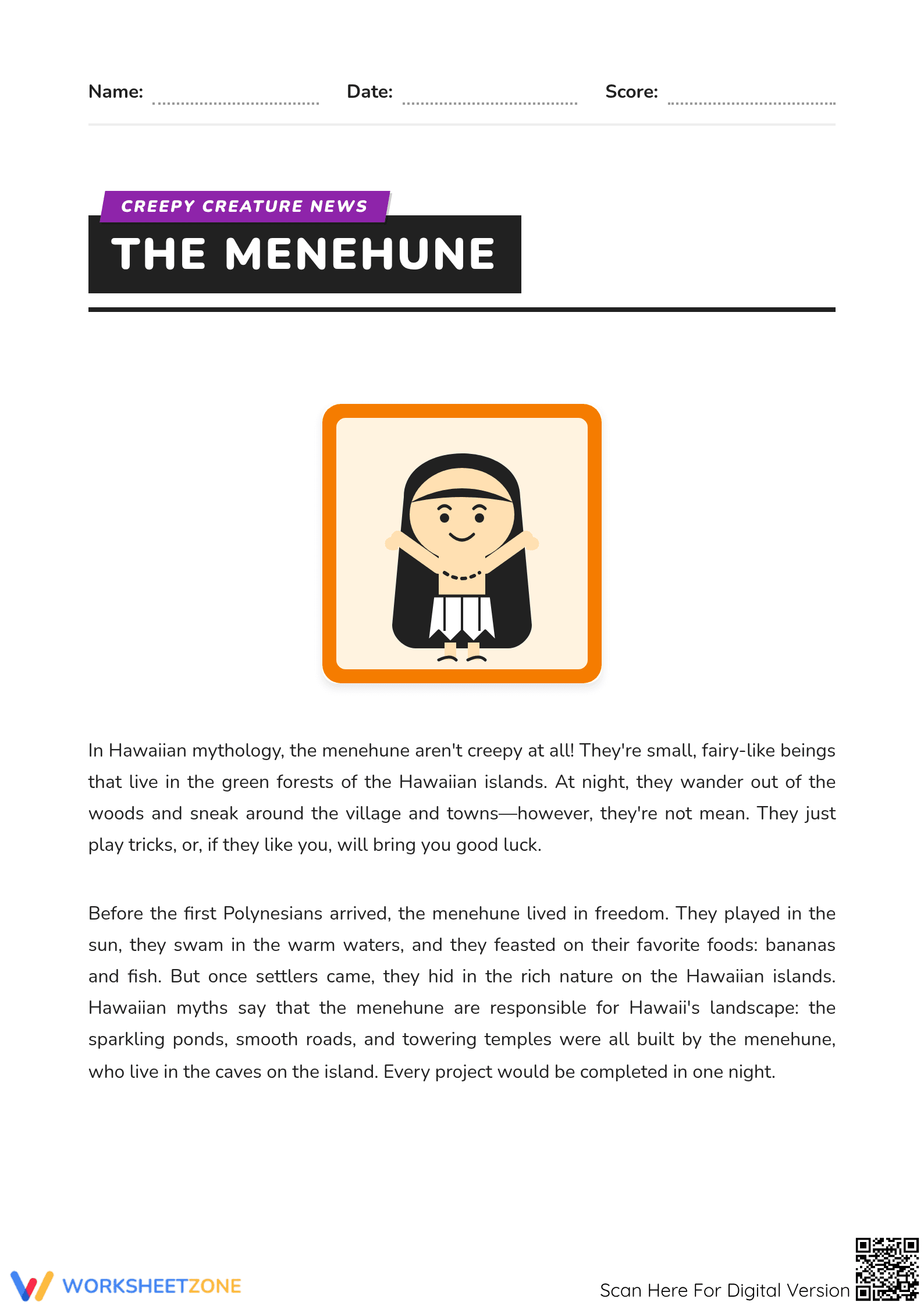 Grade 3 Menehune Legend — Printable No-Prep Worksheet - Page 1