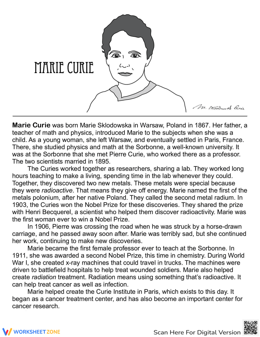 Marie Curie Reading Worksheet - Page 1