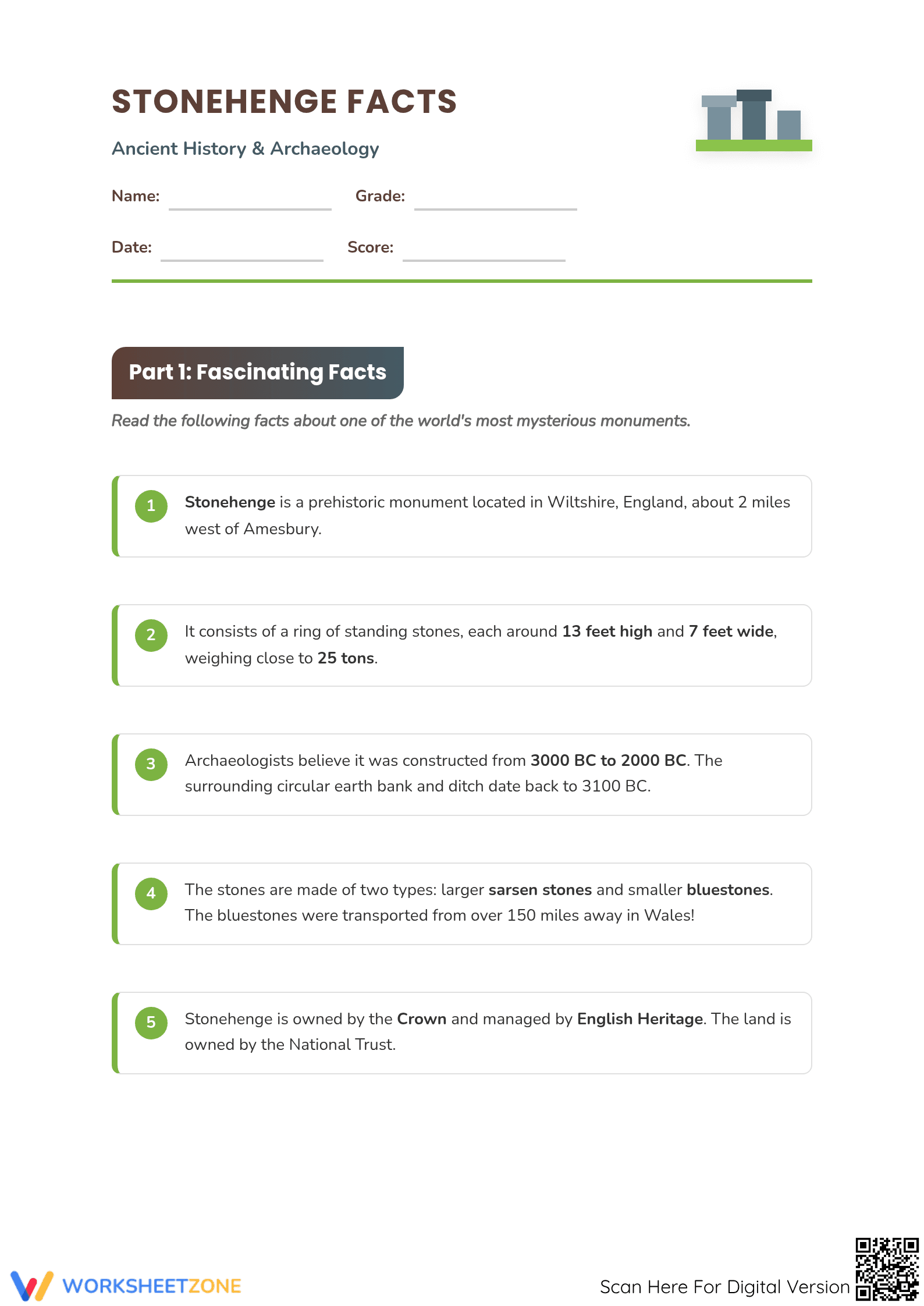 Stonehenge Reading Worksheet | Grade 4 Printable ELA - Page 1