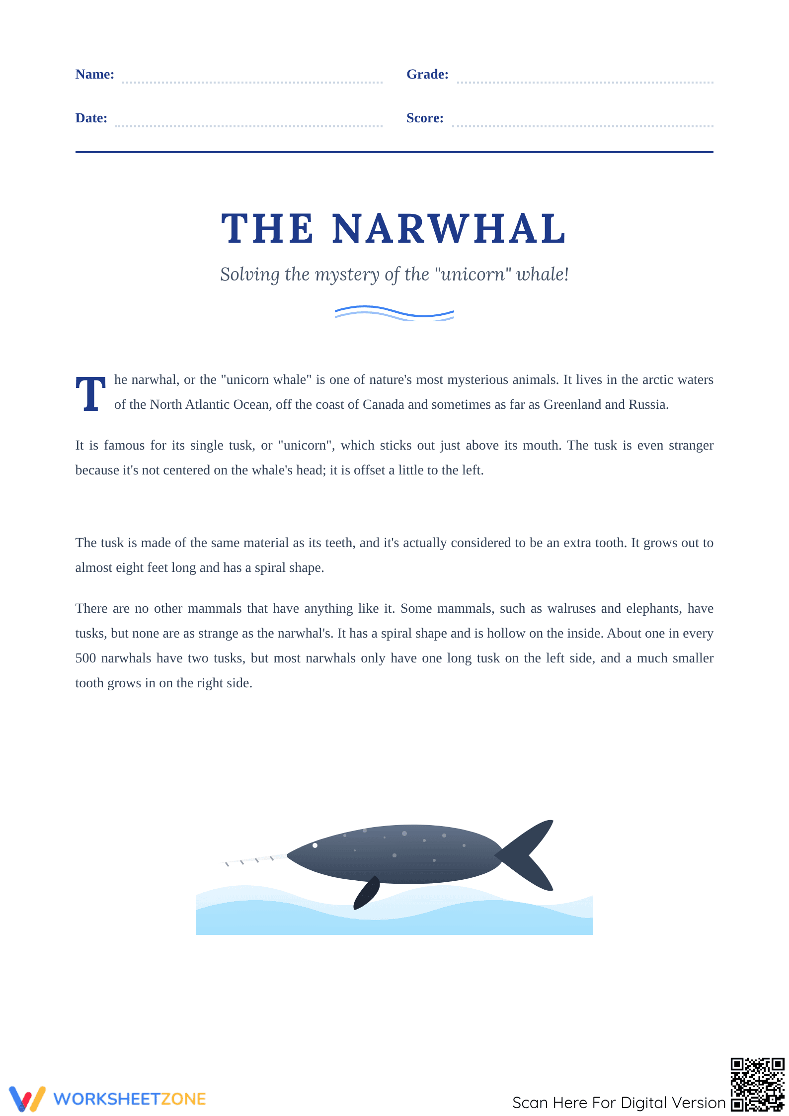 Narwhal Tusk Reading — Printable Grade 5 ELA Worksheet - Page 1