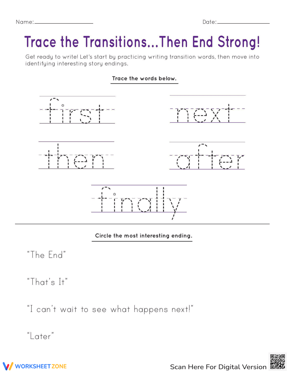 Trace Transitions: End Strong Worksheet - Page 1