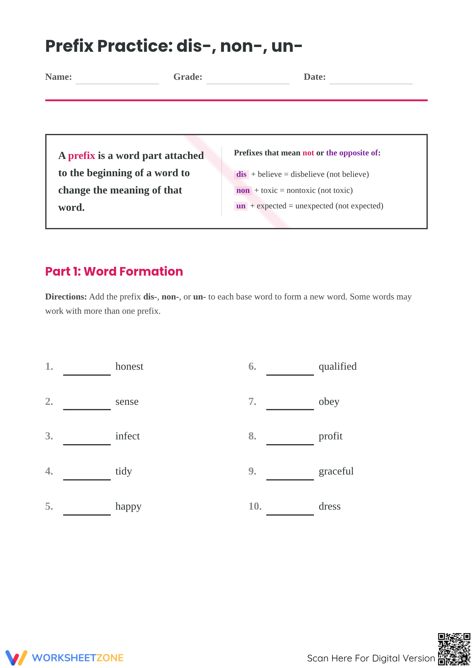 Prefix Practice Worksheet: Dis, Non, Un | Grade 4 Printable - Page 1