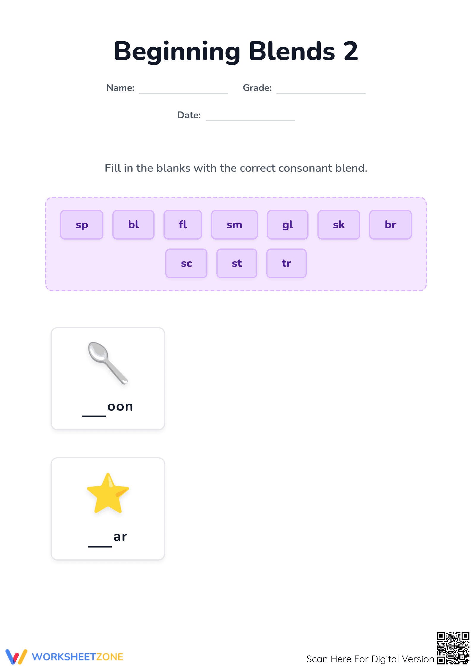 Beginning Blends Worksheet | Grade 3 Essential Phonics - Page 1