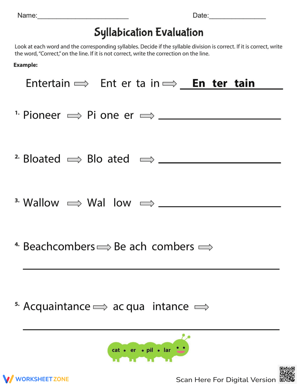 Syllabication Evaluation - Page 1