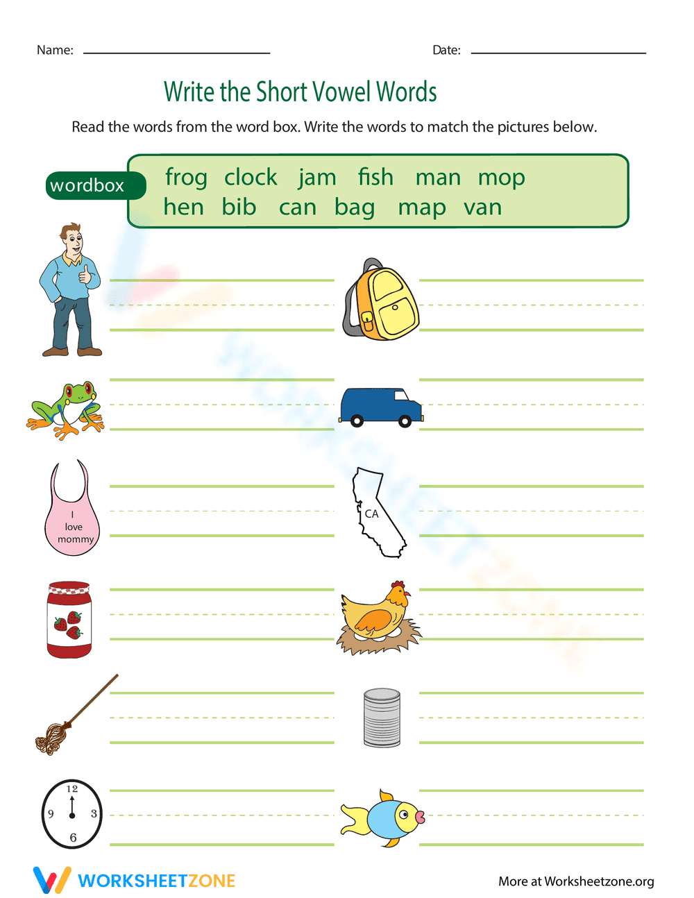 Write the Short Vowel Words - Page 1