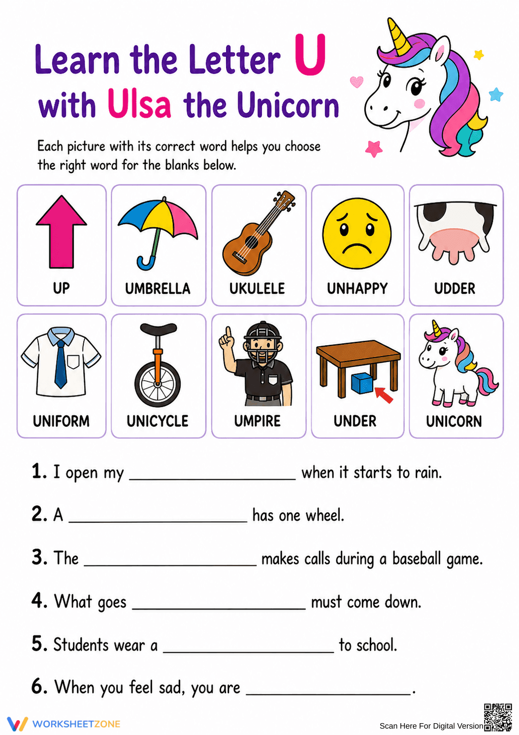 Essential Letter U Vocabulary Worksheet | Grade 3-4 - Page 1