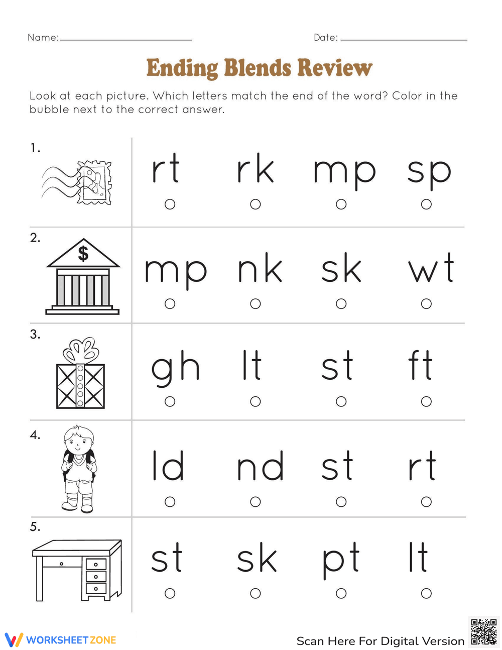 Ending Blends Review Practice Worksheet - Page 1
