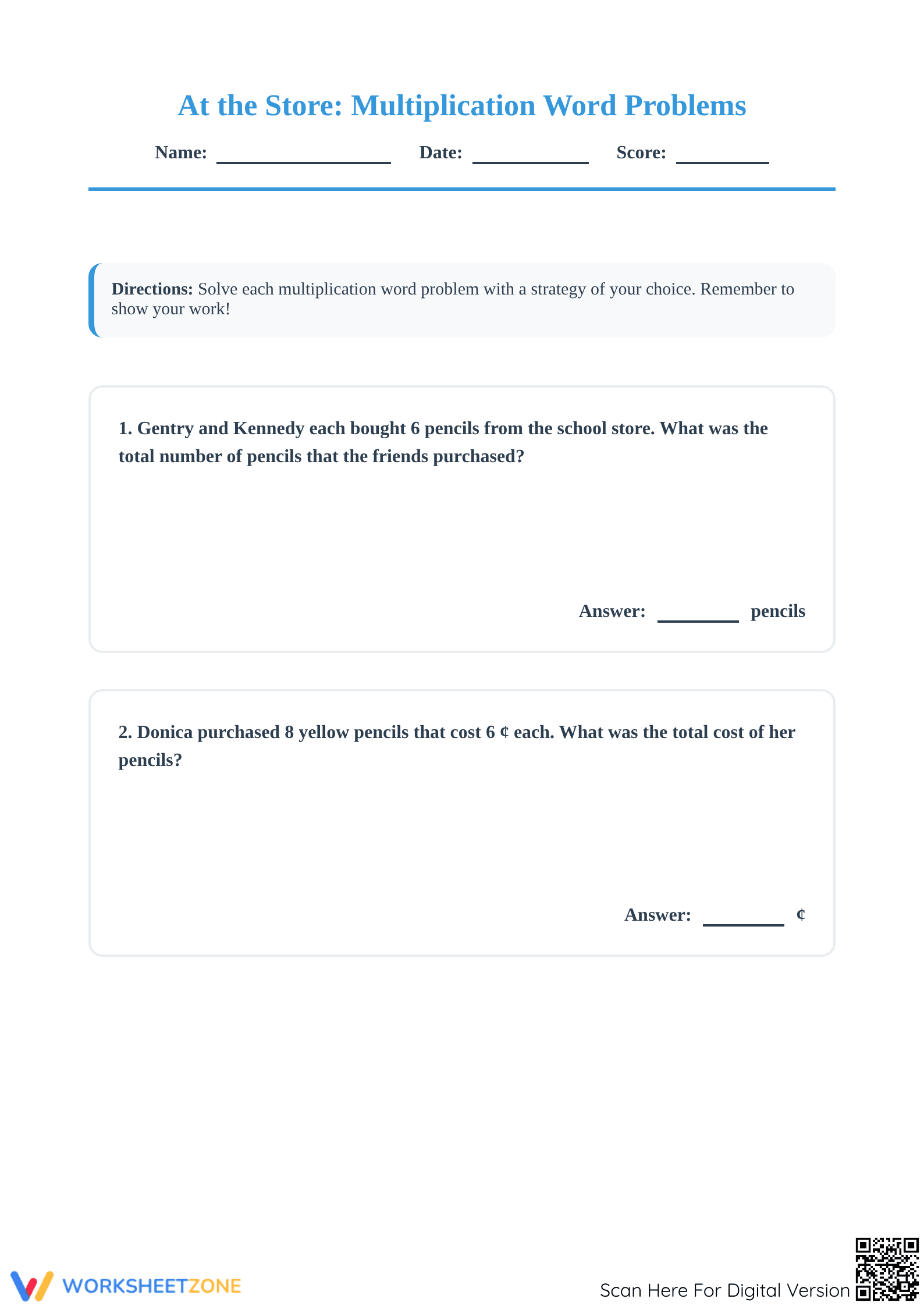 Grade 3 Multiplication Word Problems — Printable No-Prep - Page 1