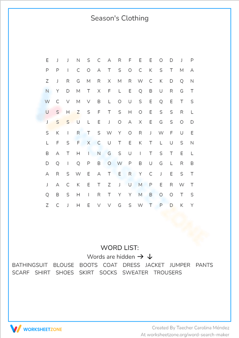 Season's Clothing Word Search | Grade 2-4 Essential - Page 1
