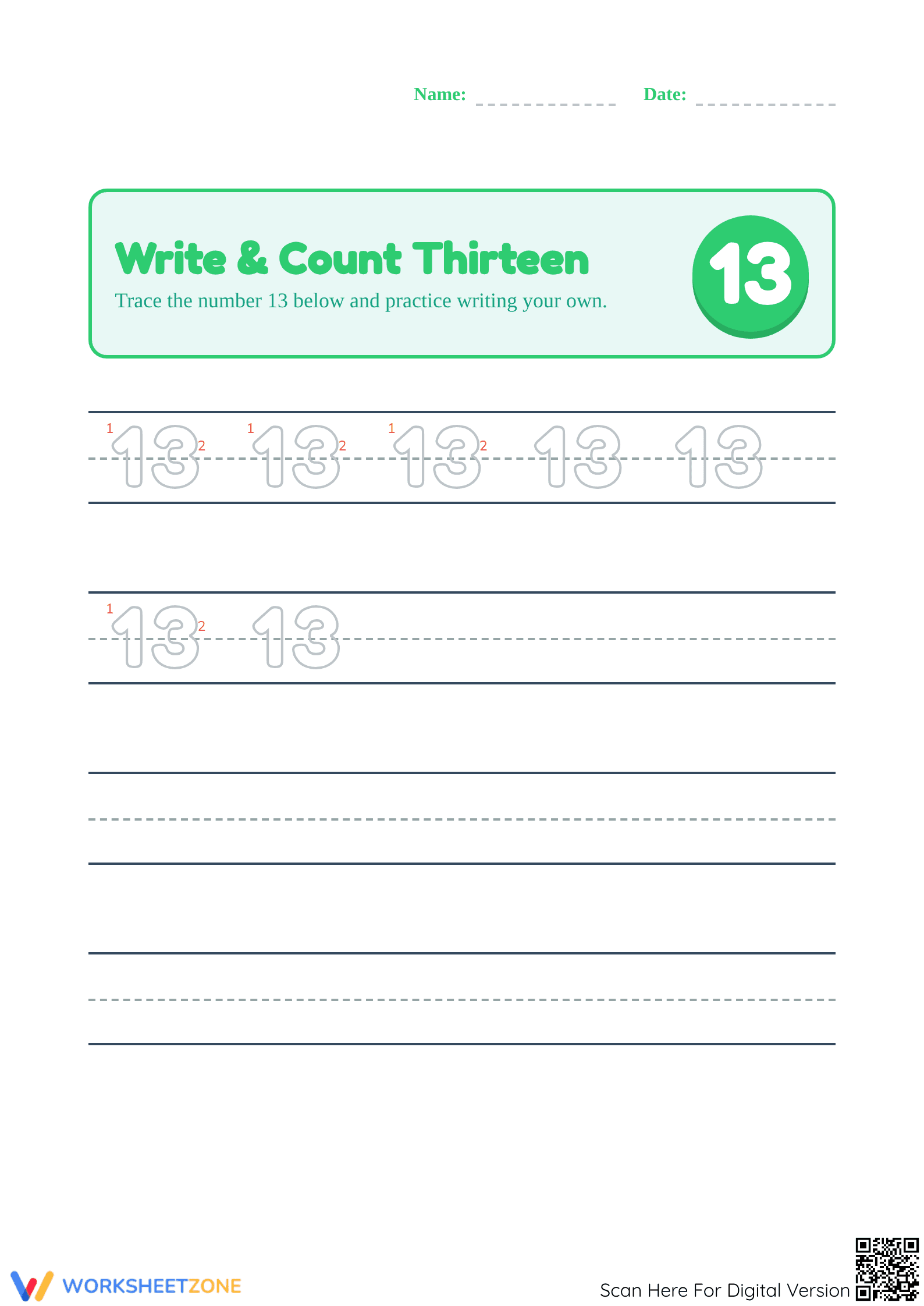 Trace the Number 13 Worksheet | Printable Kindergarten Math - Page 1