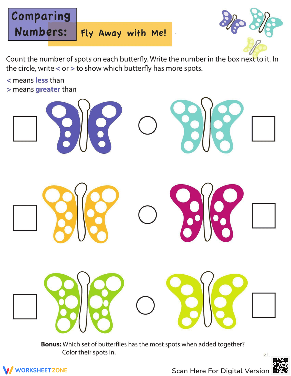 Comparing Numbers with Butterfly Spots - Page 1