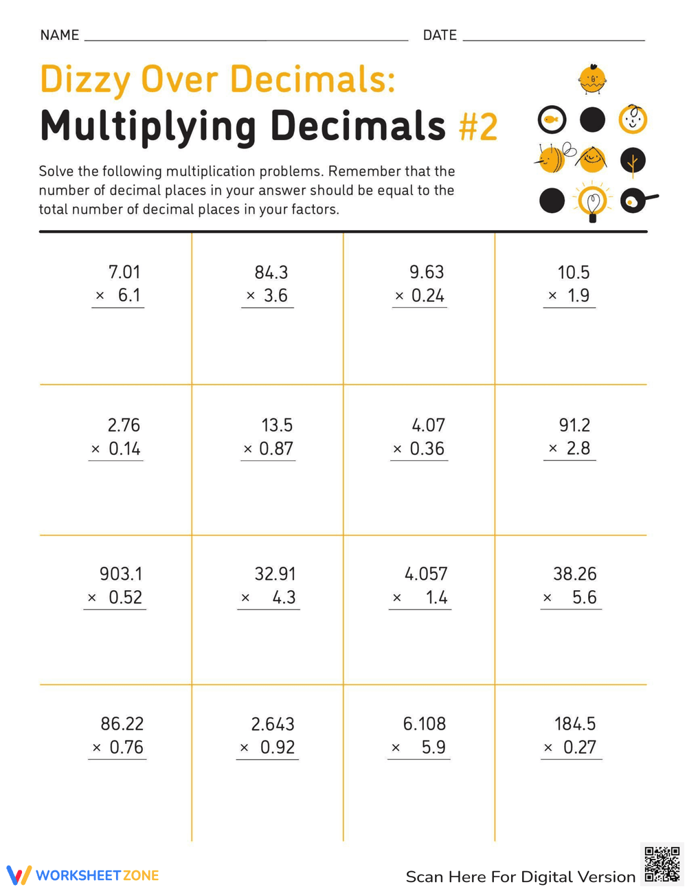 Dizzy Decimals Multiplication Practice - Page 1