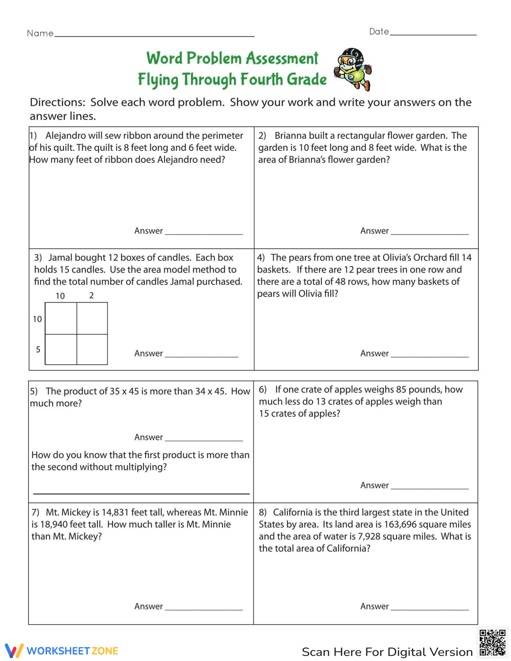 Word Problem Assessment: Fourth Grade - Page 1
