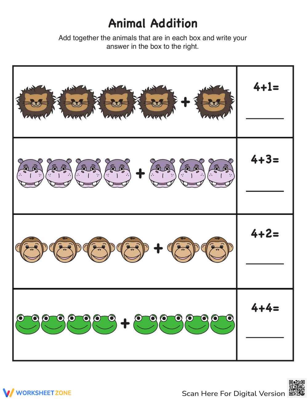 Zoo Animal Picture Addition Worksheet - Page 1