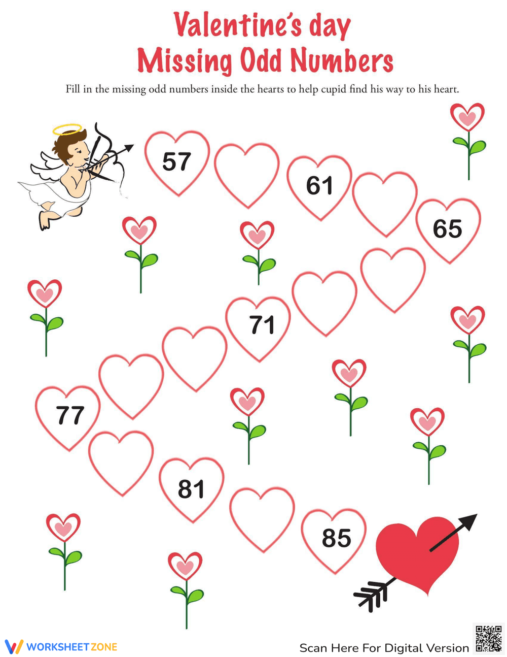 Valentine Math with Odd Numbers Worksheet - Page 1