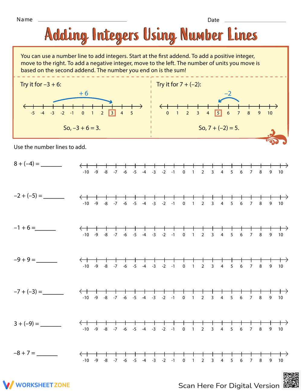 Adding Integers Using Number Lines - Page 1
