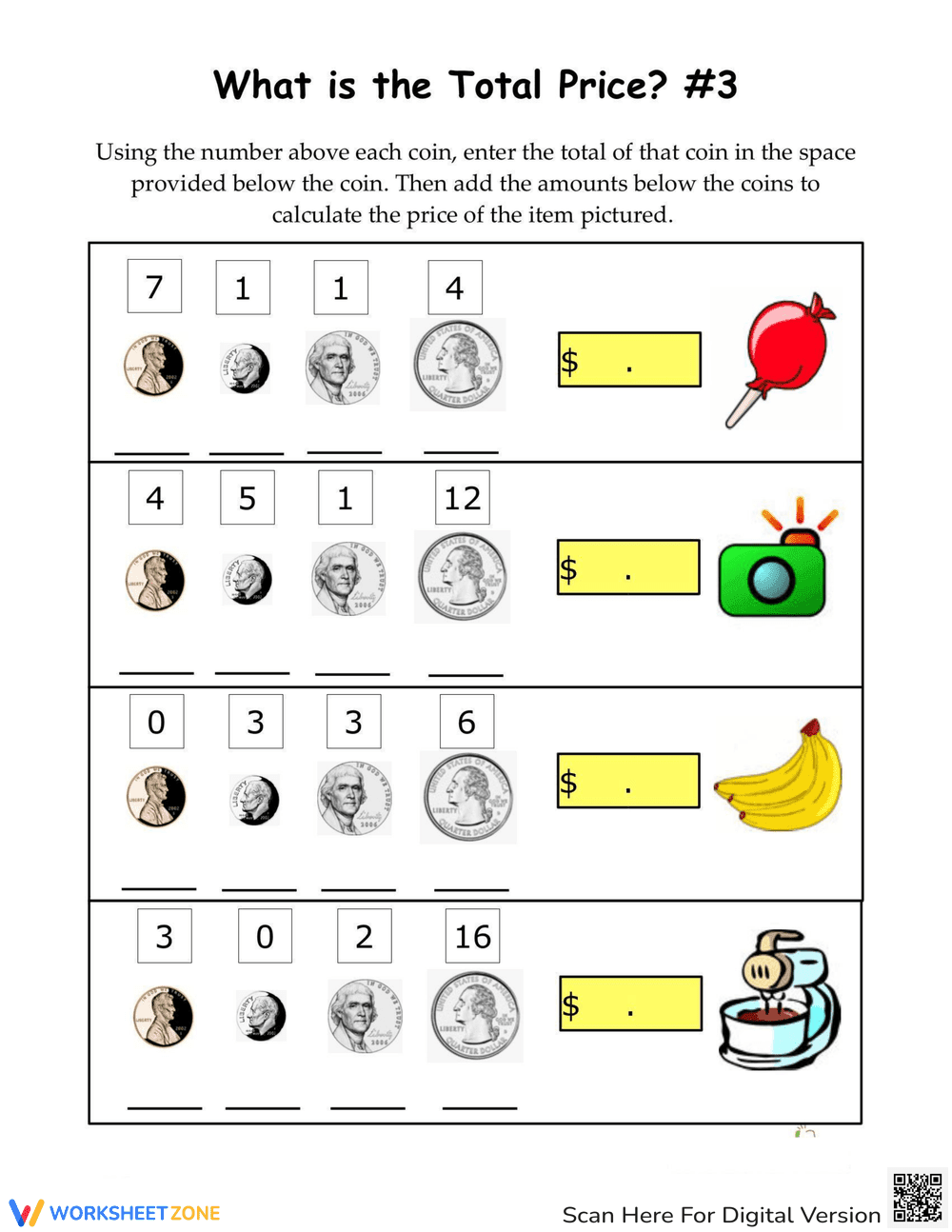 Adding Coin Amounts Worksheet - Page 1