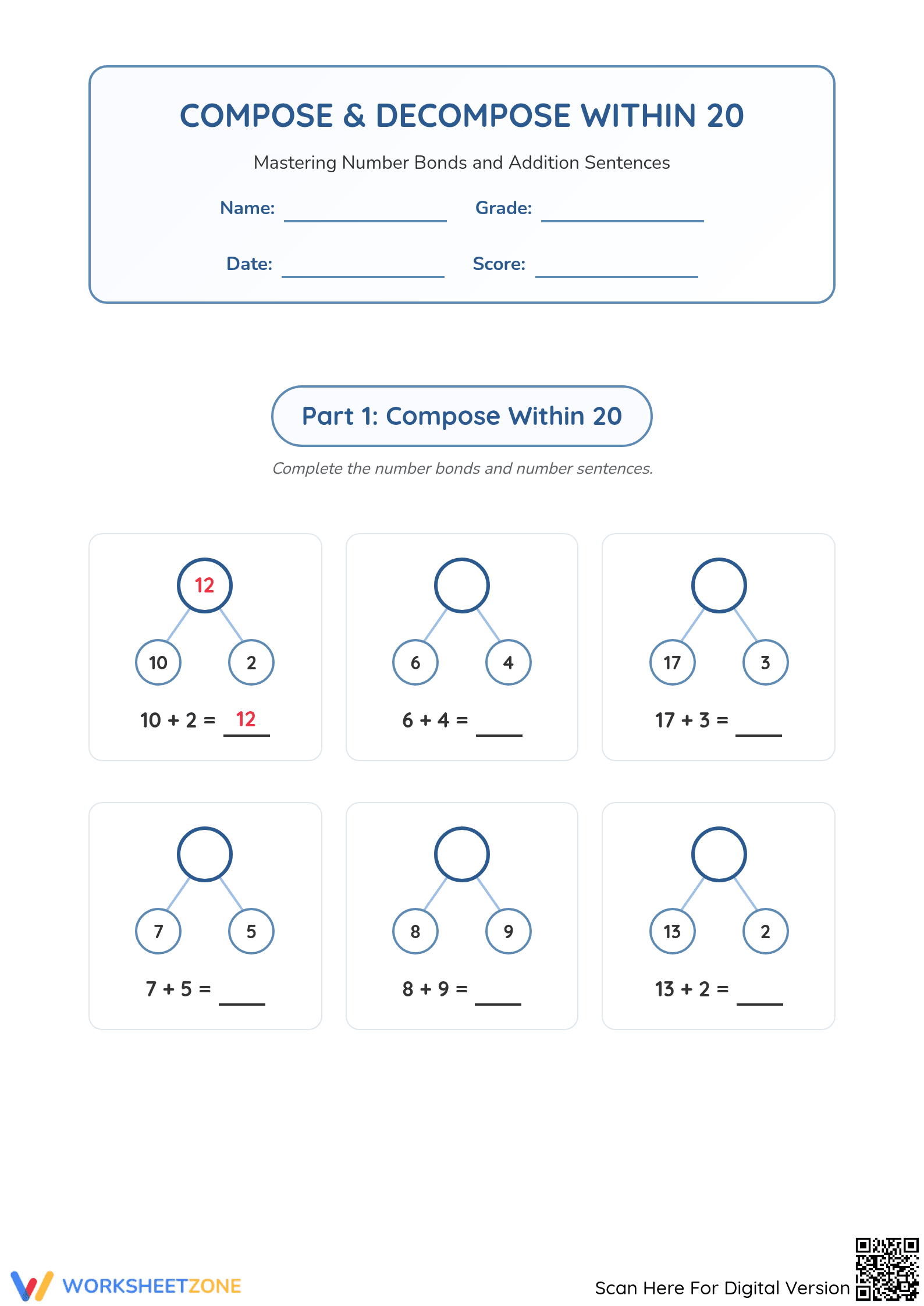 Grade 1-2 Compose and Decompose — Printable No-Prep Sheet - Page 1