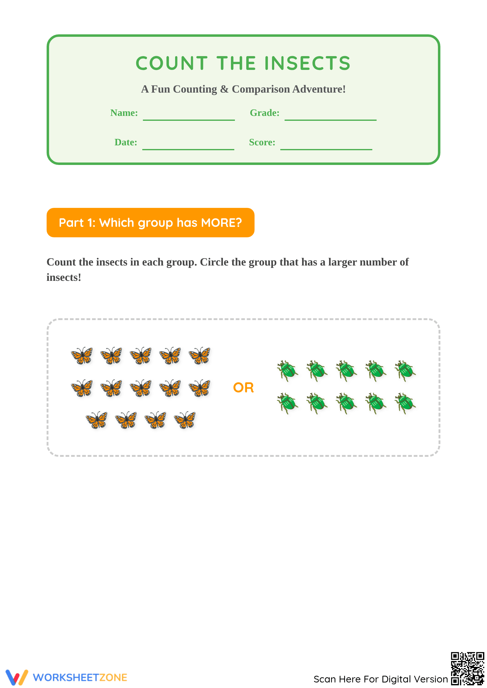 Essential K.CC.C.6 Counting & Comparing Insects Worksheet - Page 1