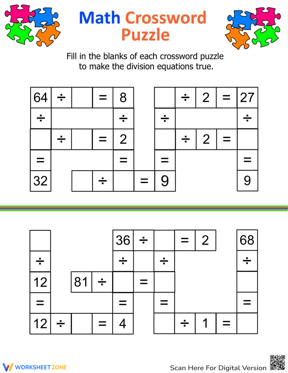 Division Crossword Puzzle Worksheet - Page 1