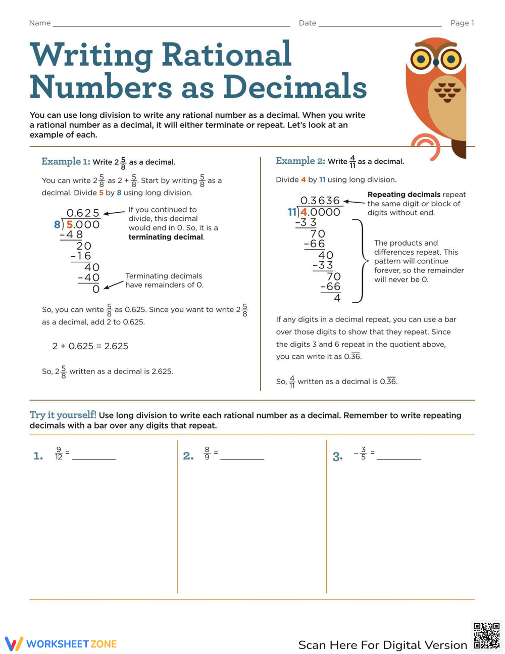Writing Rational Numbers as Decimals - Page 1