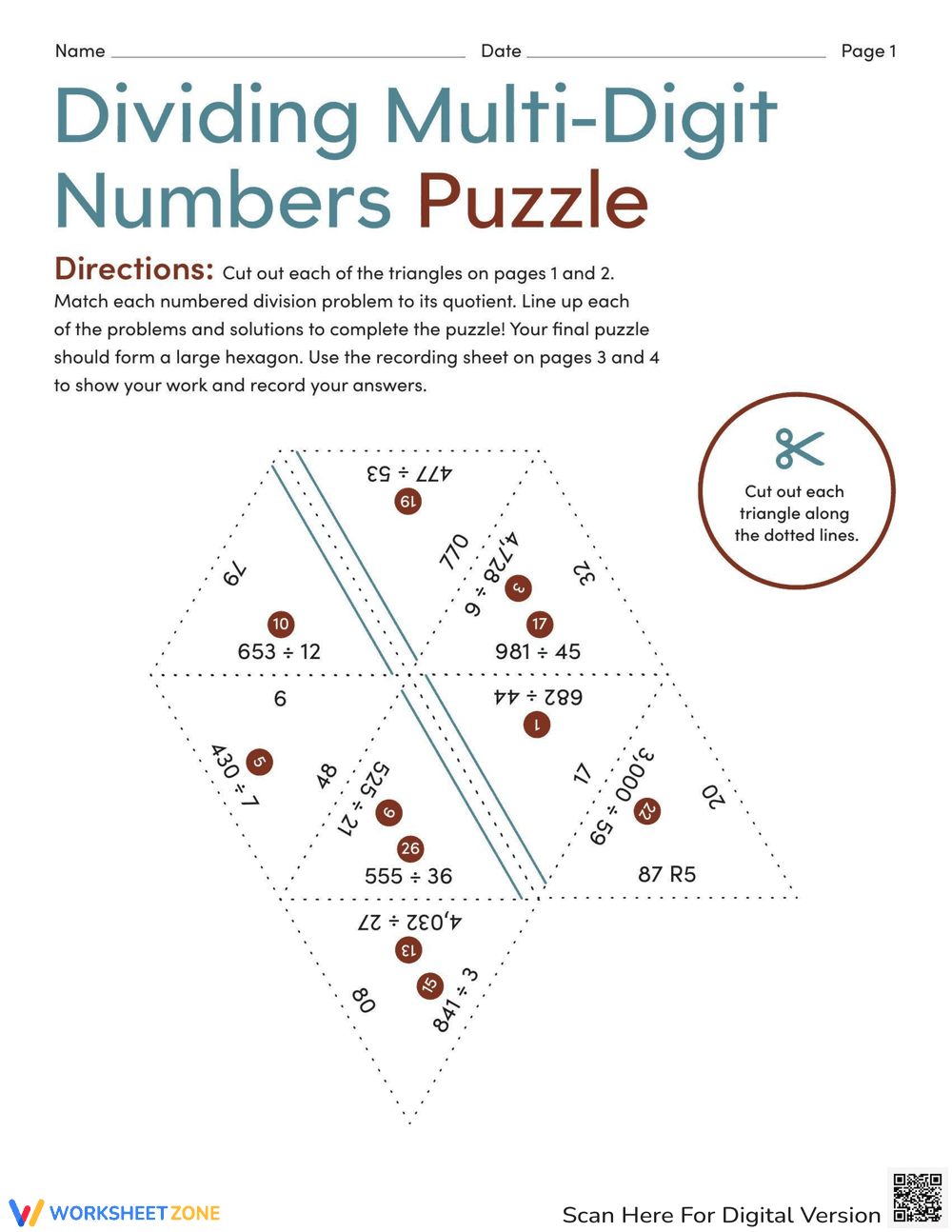 Multi-Digit Division Puzzle Worksheet - Page 1