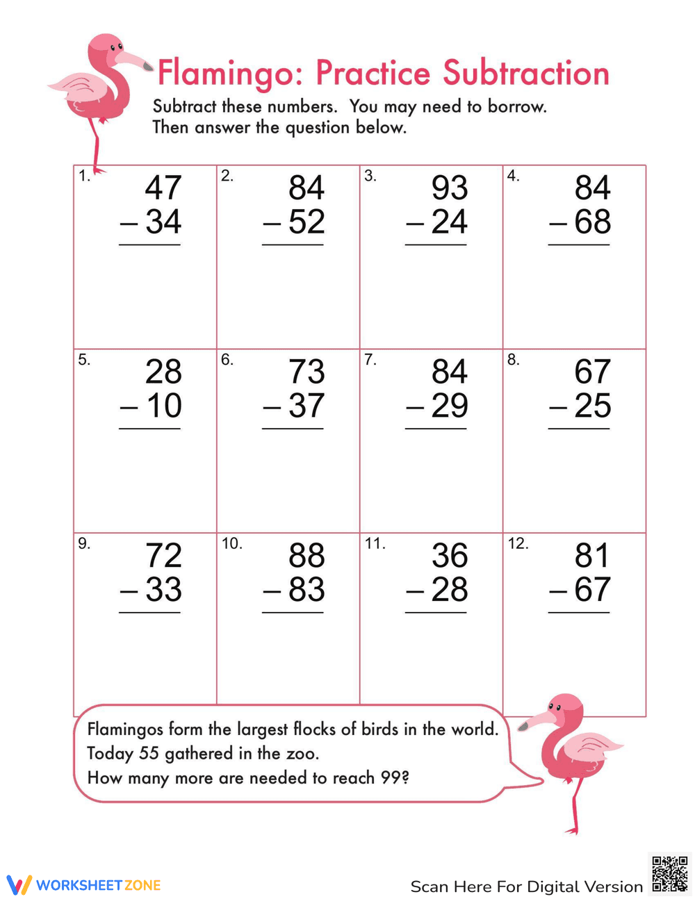 Subtraction Practice with Flamingo Theme - Page 1