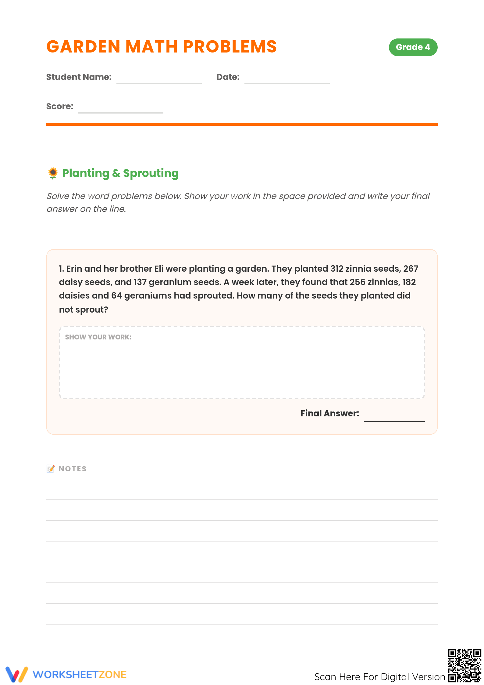 Printable Grade 4 Word Problems: Multi-Step Garden Math - Page 1