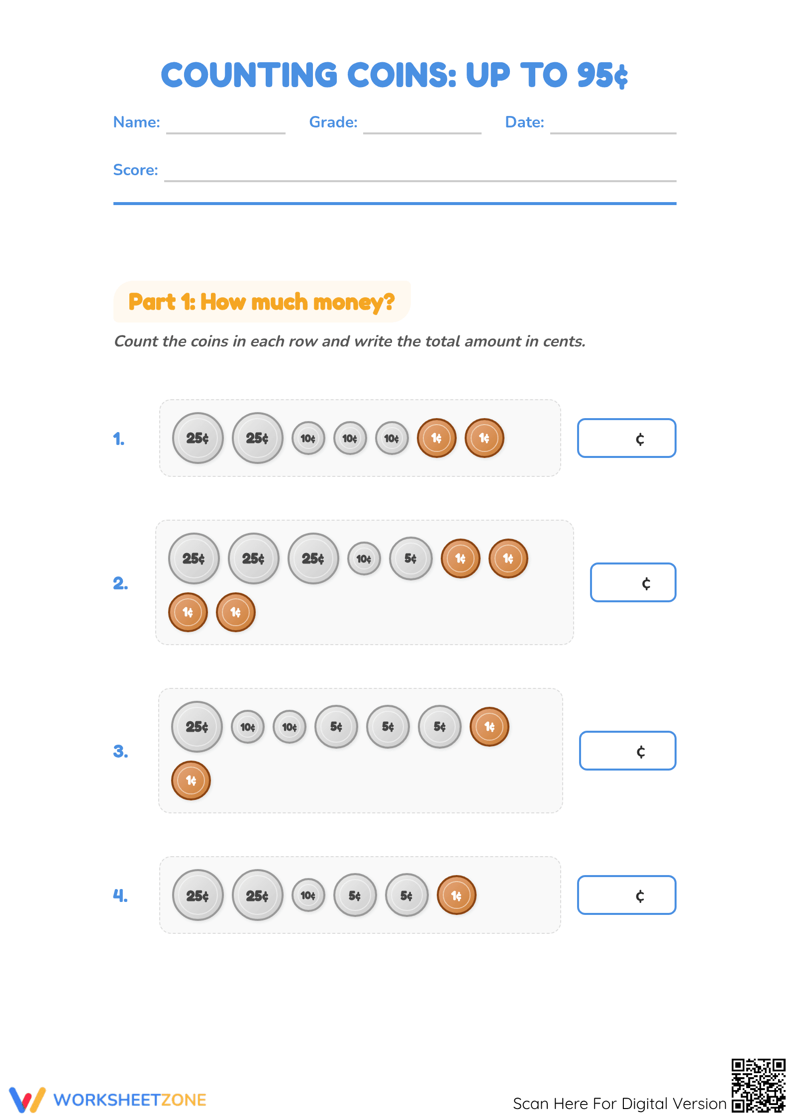 Printable Grade 2 Money Math: Counting Coins up to 95 Cents - Page 1
