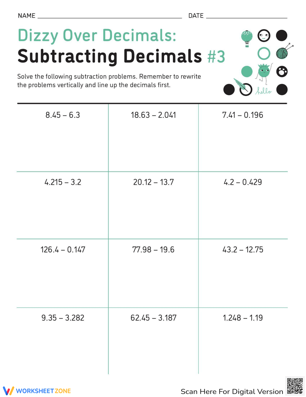 Subtracting Decimals Practice Worksheet - Page 1