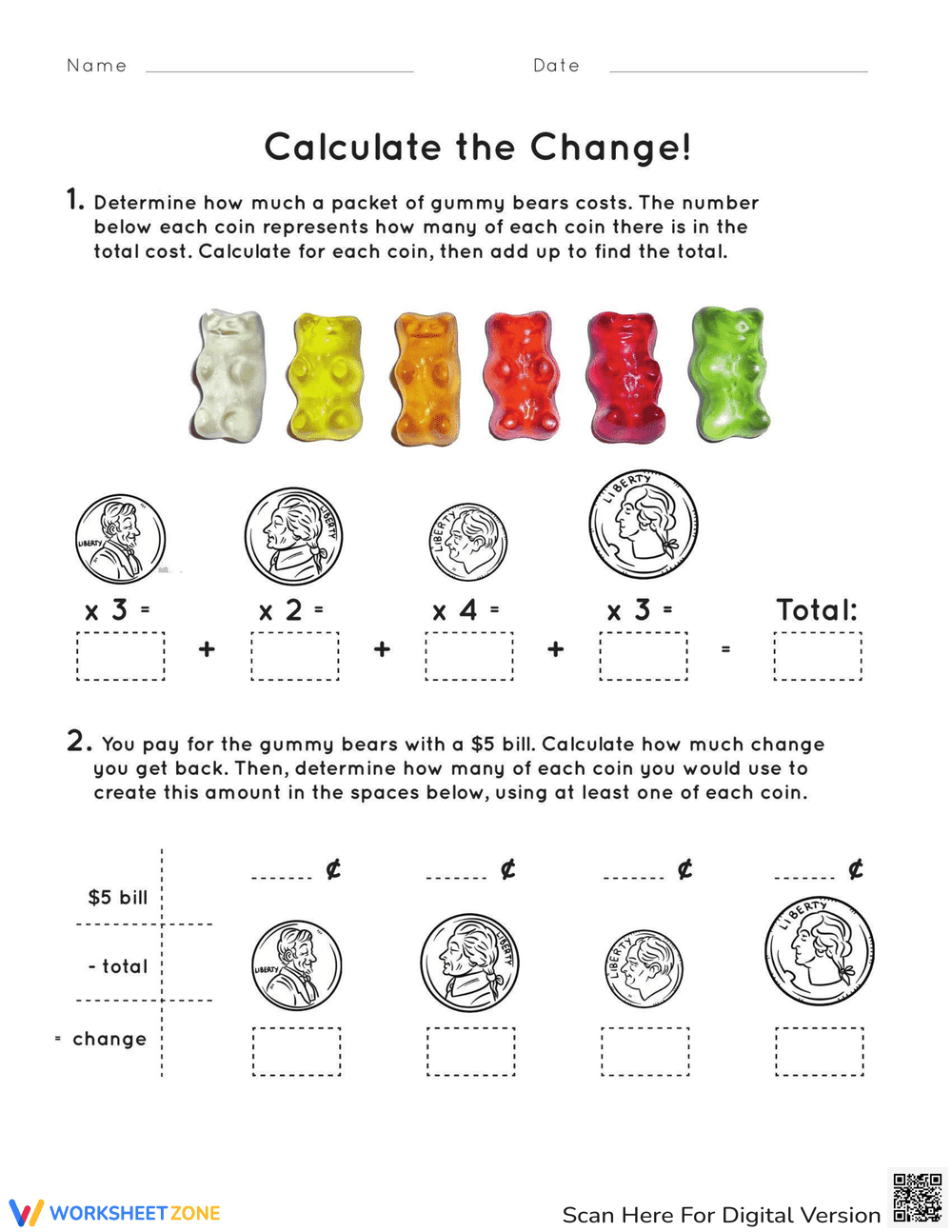 Calculate the Change - Math Worksheet - Page 1