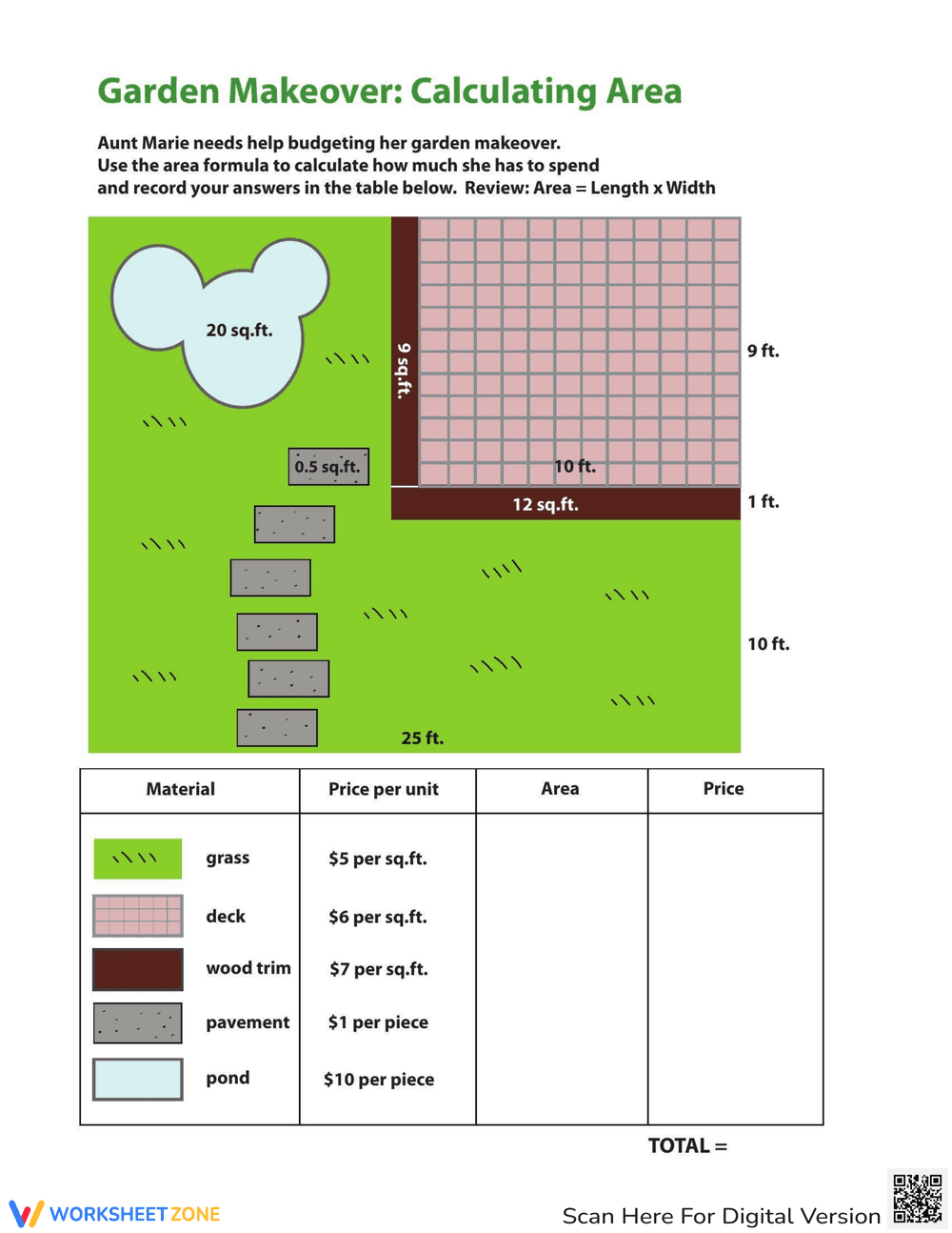 Calculating Area of a Garden Worksheet - Page 1