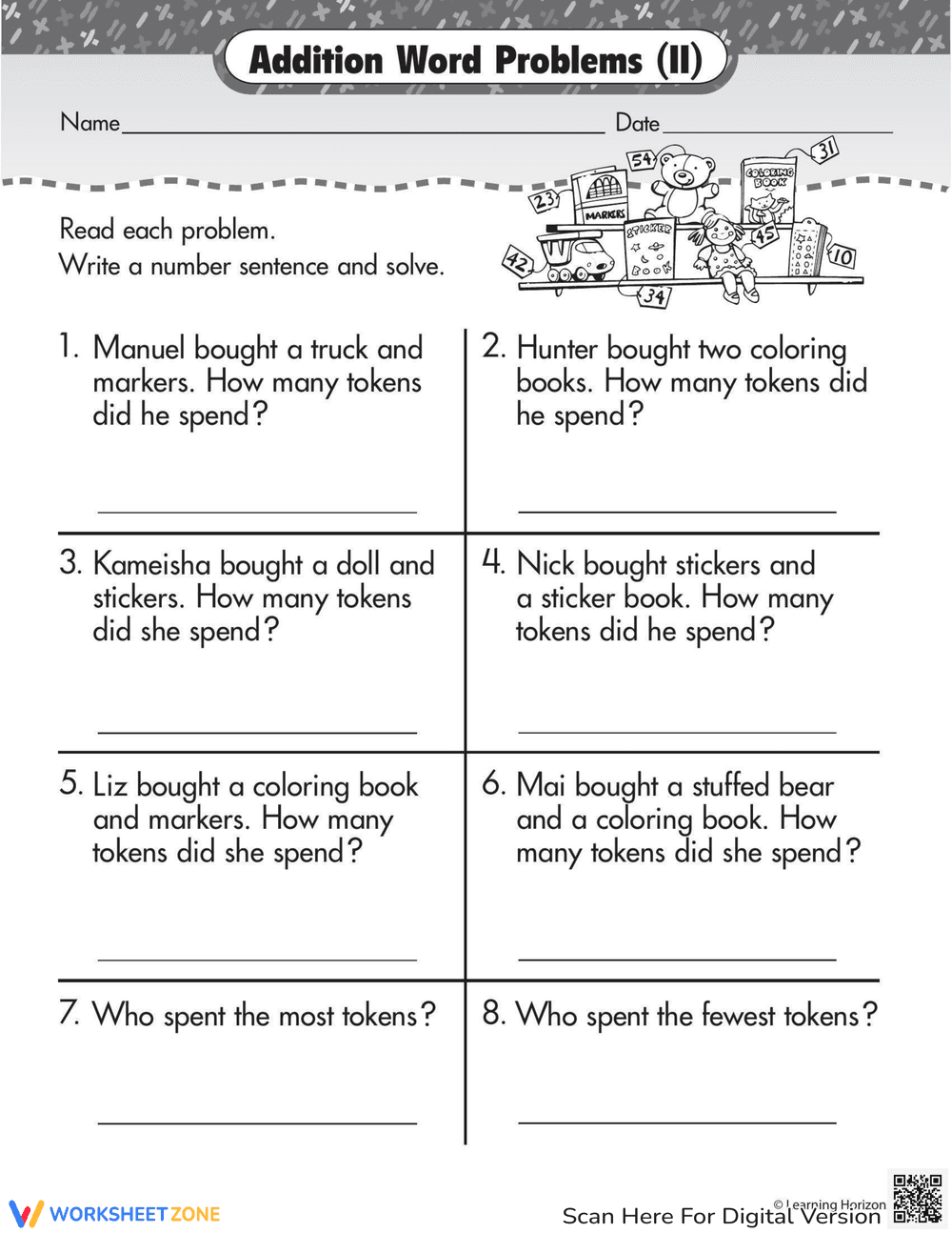 Solve Addition Word Problems Worksheet - Page 1