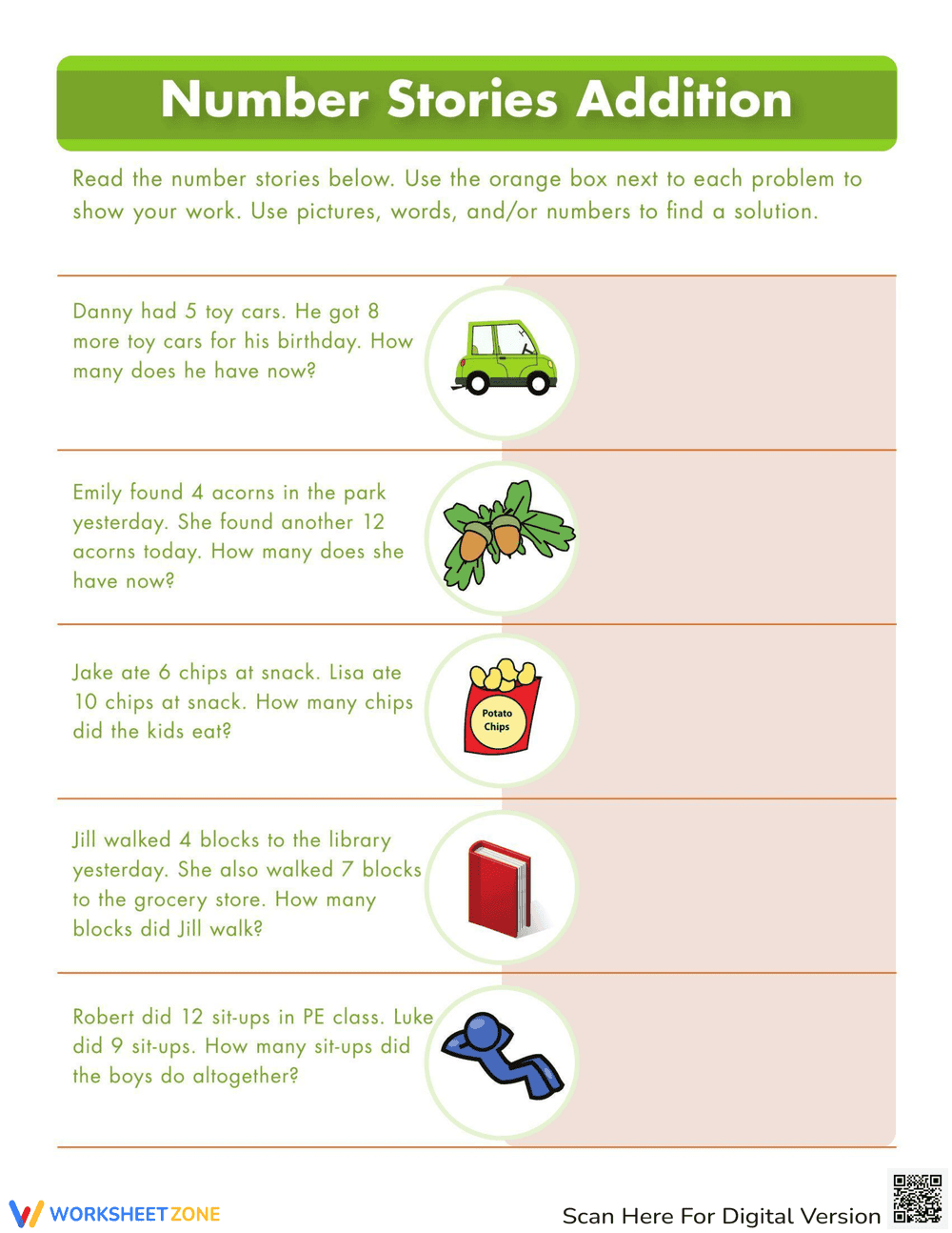 Addition Number Stories Worksheet - Page 1
