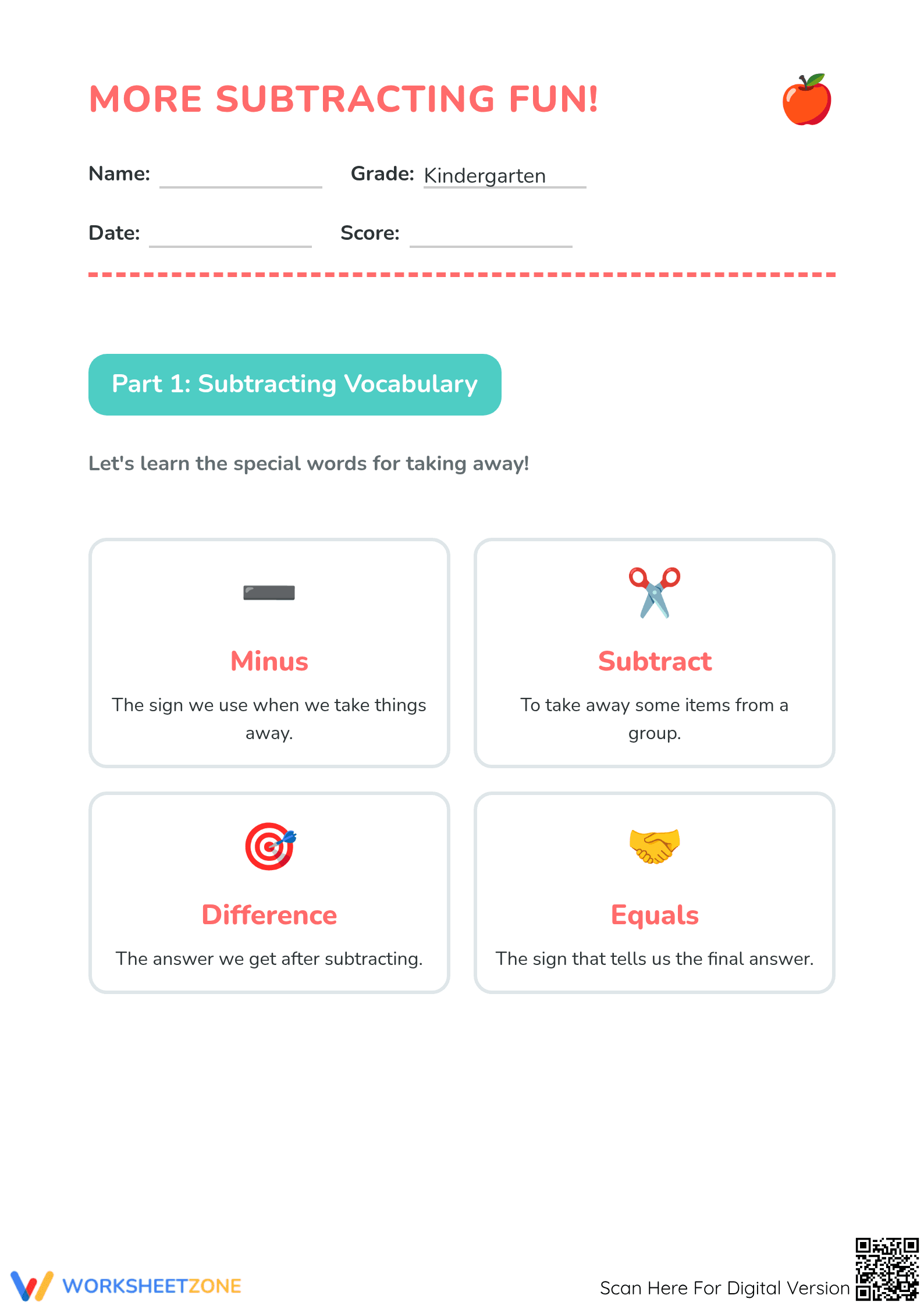 Kindergarten Subtraction Fun — Essential Printable Worksheet - Page 1