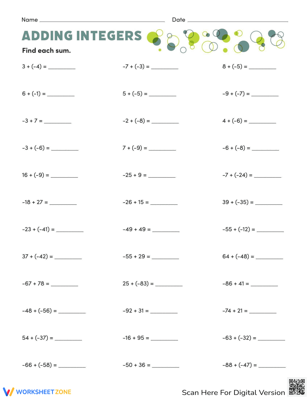 Practice Adding Integers Worksheet - Page 1