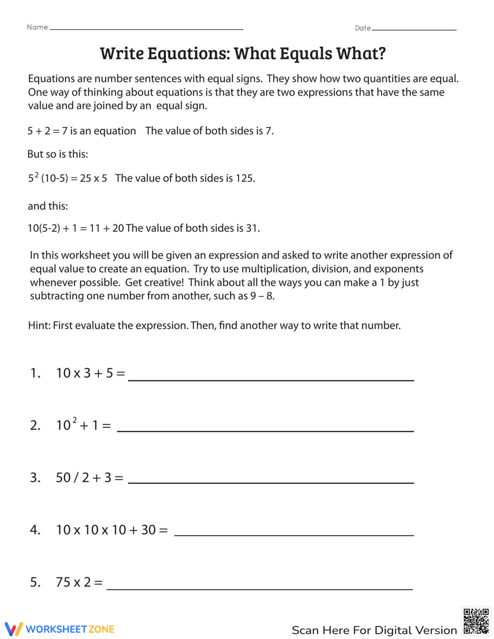 Write Equations to Match Worksheet - Page 1